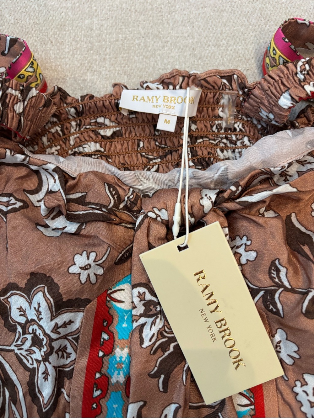 Ramy Brook Brown Floral Tie-Front Camisole with Multicolor Trim - Picture 2 of 8